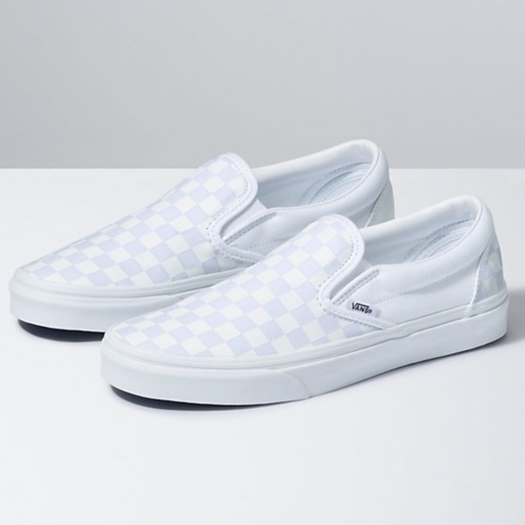 light blue checkerboard slip on vans
